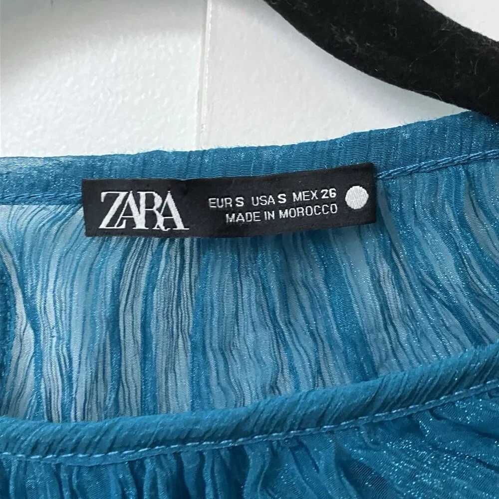 Zara Sheer Chiffon Crop Blouse Womens S Blue Gathered Whimsigoth‎ Dark Romantic - Picture 3 of 7